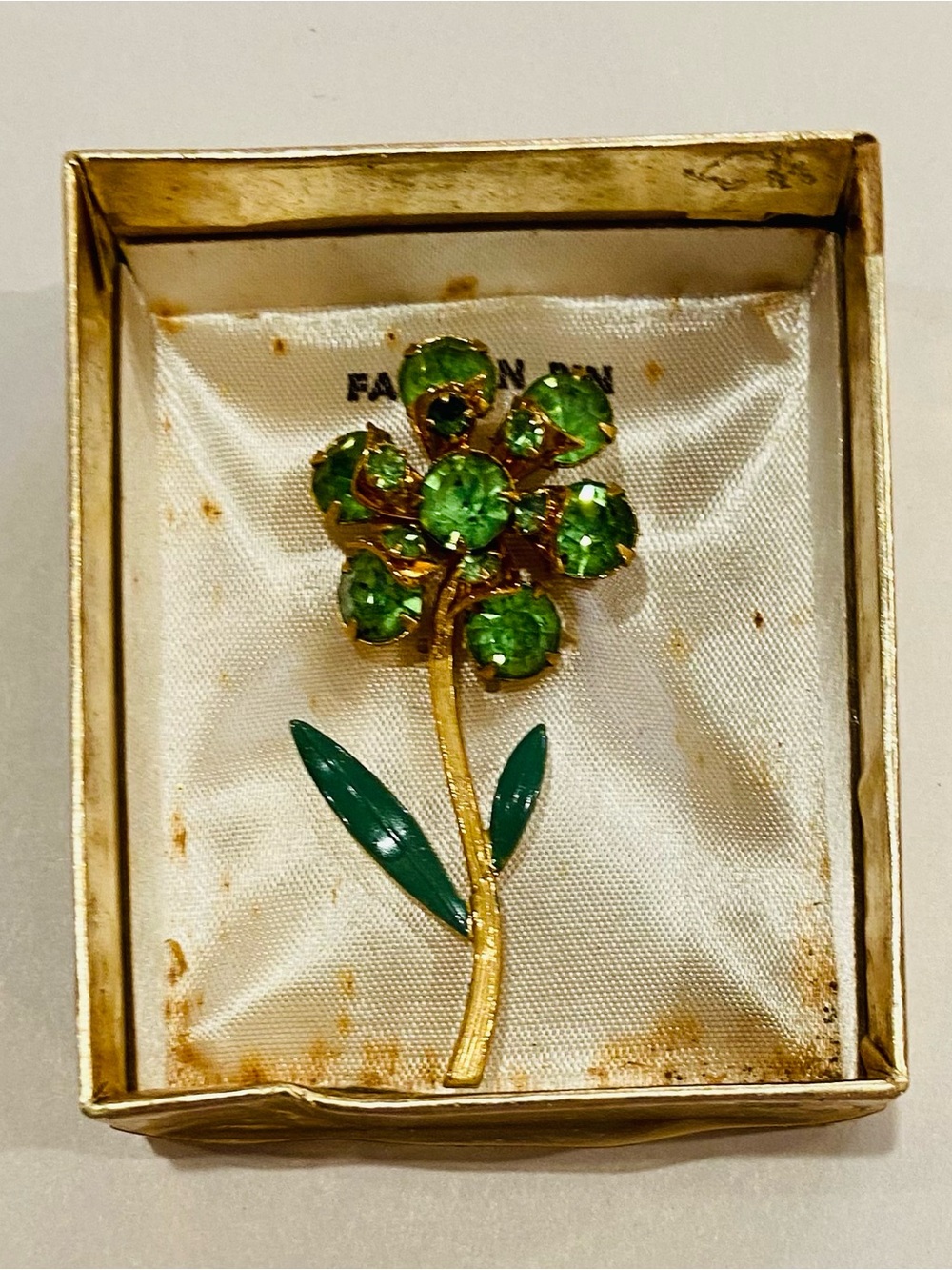 Gold-Tone Green Crystal Flower Brooch by